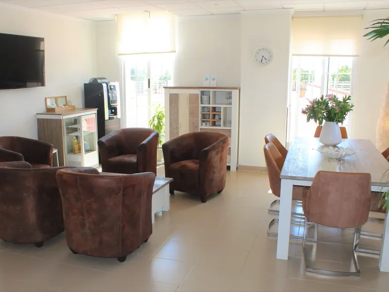 Un salón: sillones de piel marrón alrededor de una mesa baja, un televisor y una mesa de comedor con un jarrón de flores rosas.